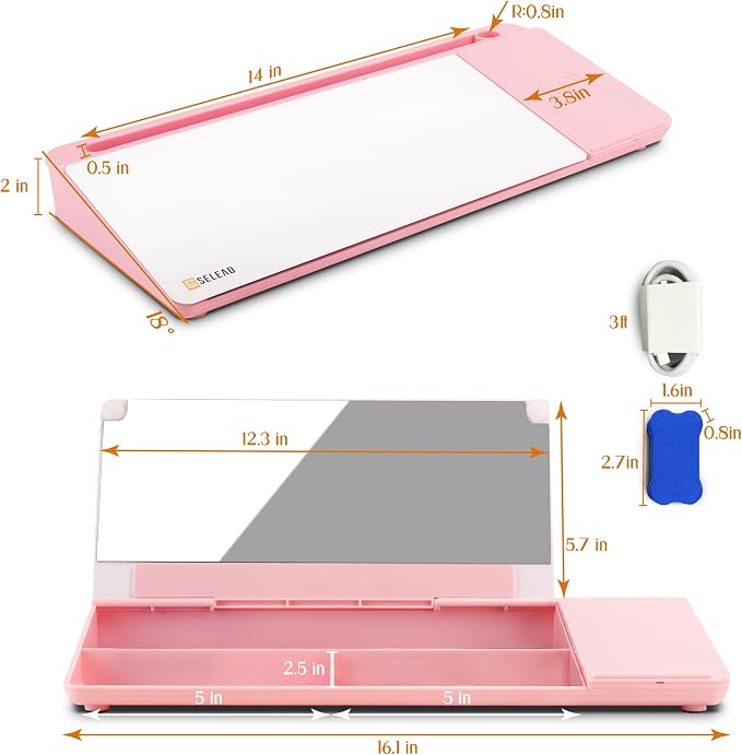 SELEAD Desktop Glass Whiteboard with Wireless Charger Station and Mirror, Dry Erase Board Computer Pad Keyboard Stand with Organizer for Home, School, Office Desk Accessories, Pink