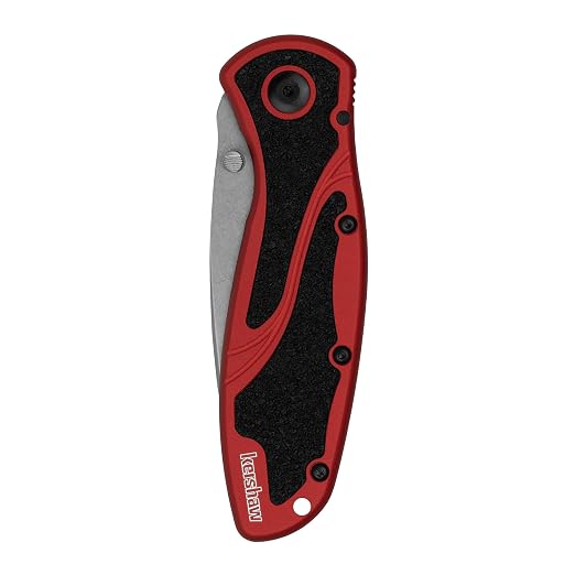 Kershaw Blur Folding Pocket Knife, 3.4 inch Stonewashed 14C28N Steel Blade, Red Anodized Aluminum Handle with Black Trac-Tec Inserts, Reversible Pocketclip; 3.9 OZ