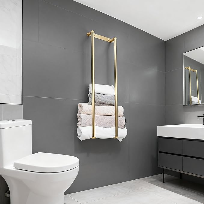 Towel Racks for Bathroom, NEWRAIN Stainless Steel Rolled Towel Storage Wall Mounted Bath Towel Holder for Folded Large Towel Washcloths, Bathroom Organizing Brushed Gold