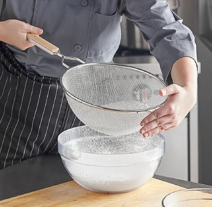 Soro Essentials- 10.25" Double Tinned Fine Mesh Strainer with Pan Hook Wooden Handle- Food Sieve Strainer Kitchen Mesh Strainer Utensil for Cooking Rice Quinoa Pasta Fruits Vegetable Home Kitchen -