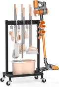 Broom Holder with Cleaning Supplies Organizer, 18" Wx11.8 Dx34.6 H | Load 160 LBS, Cleaning Cart with Wheels, 6 Mop Hanger Grippers, 3 Double-Hooks, Vacuum Stand for Laundry Garage Organization