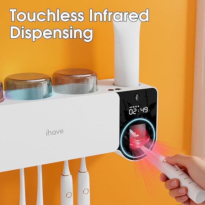 iHave Toothbrush Holder with Touchless Toothpaste Dispenser & UV Toothbrush Sanitizer for Bathrooms | 6-Slot Wall Mounted Organizer with Auto-Cycle Disinfection for Toothbrushes, Razor & 3 Cups