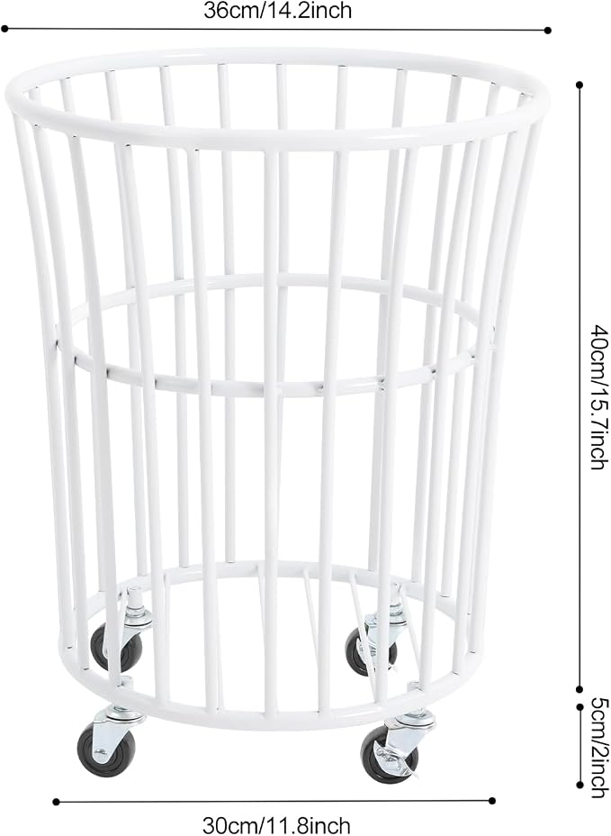 Rolling Laundry Hamper with Wheels Metal Wire Laundry Basket Cart Heavy Duty Clothes Toy Sundries Storage Organize Hamper Bin for Living Room Bathroom Closet Bedroom (White, Round 4)