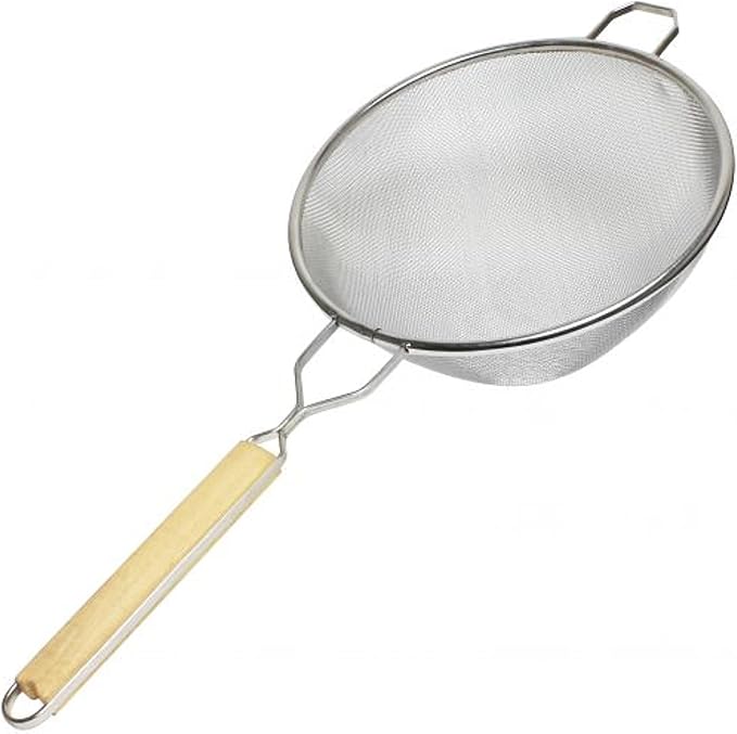 TrueCraftware- 10-Inch Single Fine Mesh Strainer Stainless Steel 10-3/4" Handle Length Wooden Handle- Kitchen Utensil Food Strainer Skimmer Spoon for Cooking Sieve Sifters Rice Pasta Fruits Vegetable