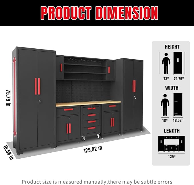 Torin Garage Storage Cabinets System, 8-Pcs Workshop Cabinet Set in Black | Included Steel Cabinets Drawers Rolling Chest and Pegboard,Locked Garage Storage Cabinet