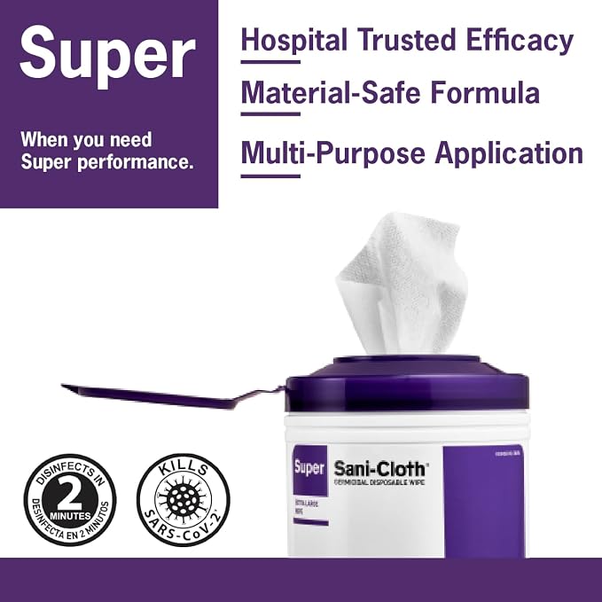 Super Sani-Cloth Disinfecting Cleaning Wipes, 12 Pack Case, 160 Count Each, Large Surface Wipes (6" x 6.75"), Multi-Surface Germicidal Cleaner for Home Health, Medical, Commercial Use