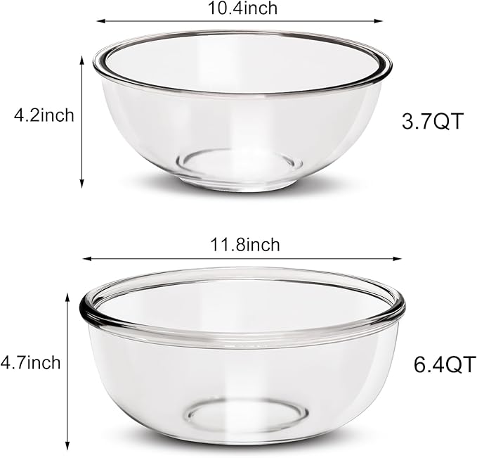 Large Borosilicate Glass Mixing Bowls, Set of 2 (6.4QT, 3.7QT) - Heavy-Duty, Stackable & Lead-Free. Oven, Microwave, Dishwasher & Freezer Safe. Ideal for Sourdough, Baking, Prepping, Serving.