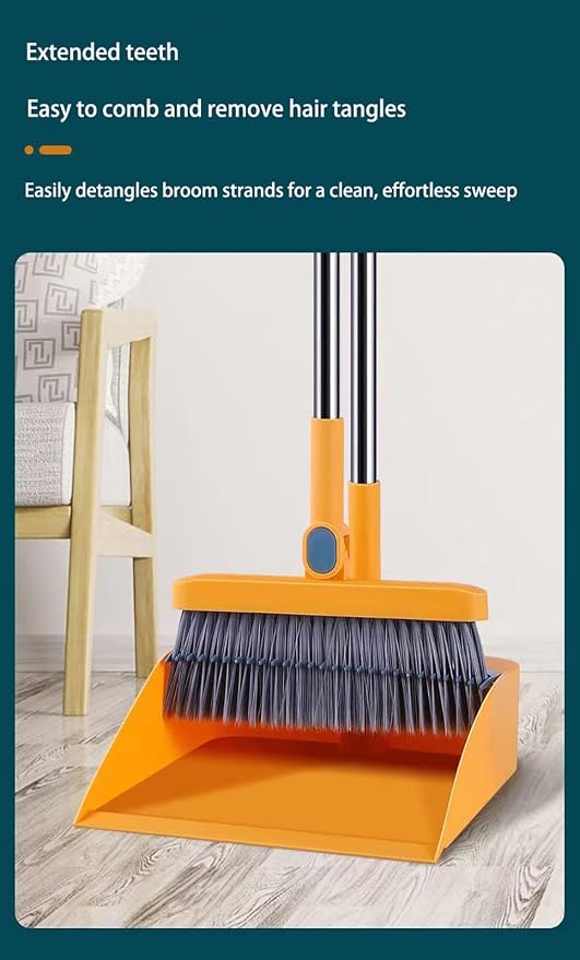 Folding Broom and Dustpan Set, Long-Handled Sweeper with 180° Swivel Head and Scratching Teeth, Suitable for Home and Office Use Black