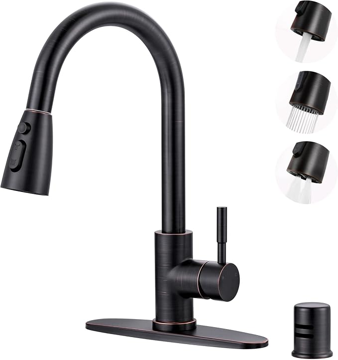 Kitchen Faucet with Air Gap: WOWOW Stainless Steel Kitchen Sink Faucet and Dishwasher Air Gap Kits for Kitchen Sink 2 or 4 Hole, Oil Rubbed Bronze Kitchen Faucet Combo with Sprayer