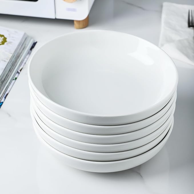 Selamica Porcelain 8.6 inch Salad Pasta Bowls, 34 OZ Bowls Plates, Wide and Shallow Serving bowls, Microwave & Dishwasher Safe, Sturdy & Stackable, Set of 6(White)