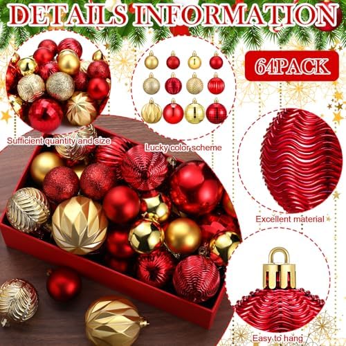 Lunmon 64 Pcs Red and Gold Christmas Ball Ornaments Glitter Xmas Bulbs