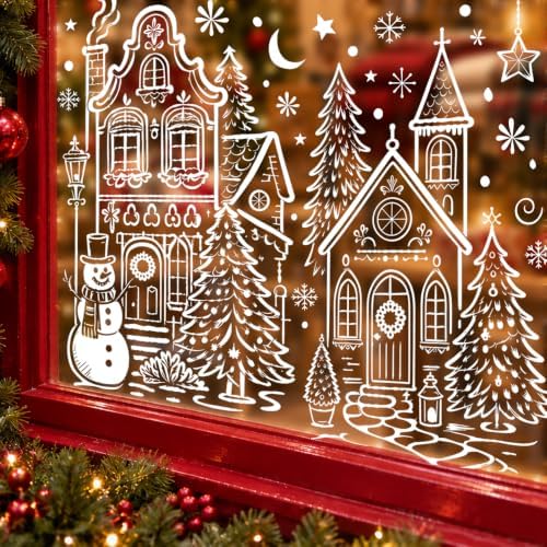 Extra Large Village Christmas Window Clings, Winter White House Stickers