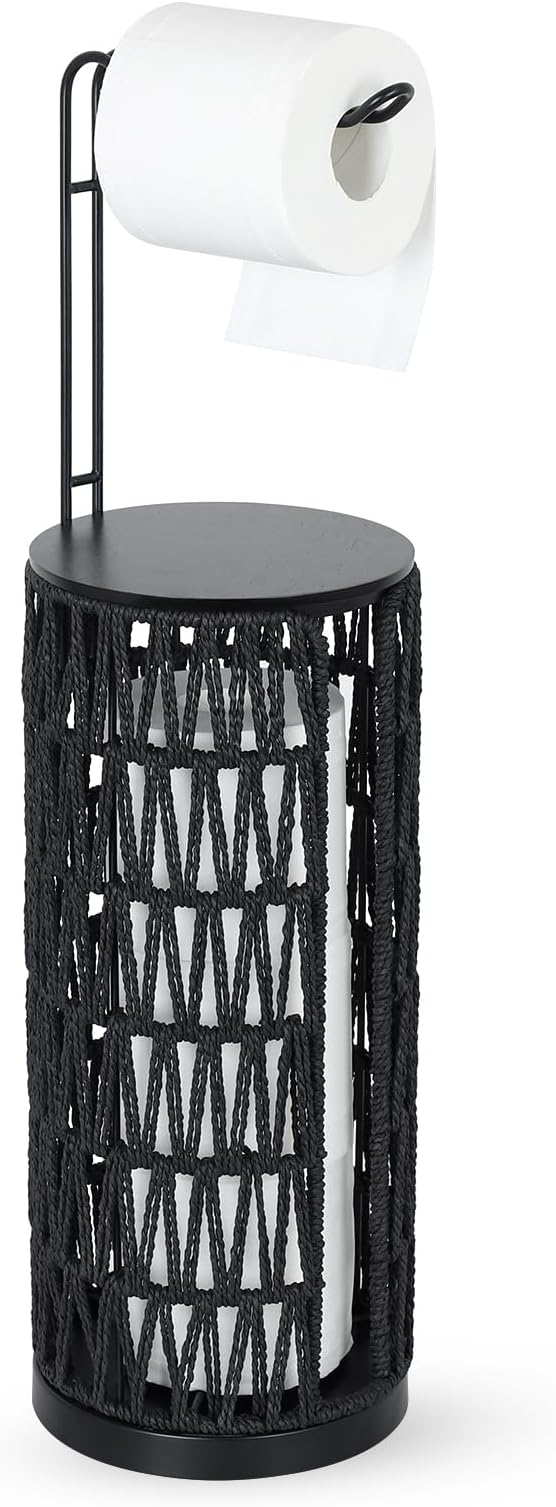 Black Freestanding Toilet Paper Holder with Storage,3 Rolls of Tissue Holder for Bathroom,Handmade Woven Toilet Paper Roll Holder Stand,Rattan Sturdy Boho Bathroom