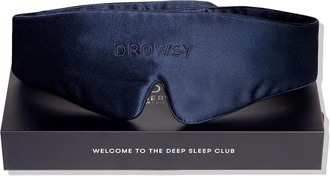 Drowsy Featherweight Silk Sleep Mask – Luxury Blackout Eye Mask for Sleeping & Travel, 100% Mulberry Silk, Lightweight Comfort, Adjustable Strap, Protects Skin & Hair (Midnight Blue)