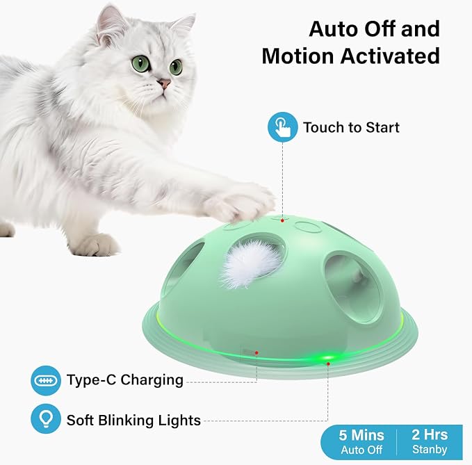 Pawingcat Automatic Cat String Toy 6 Holes Whack a Mole Cat Toy with Plush Running Cat Mouse Toy Hide and Seek Interactive Cat Toys for Indoor Cats（Green）