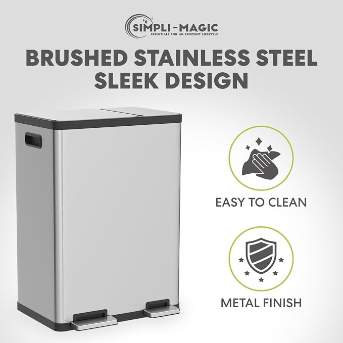 60 Liter / 16 Gallon Rectangular Hands-Free Dual Compartment Recycling Kitchen Step Trash Can with Soft-Close Lid, Brushed Stainless Steel (38L x 22L Capacity)
