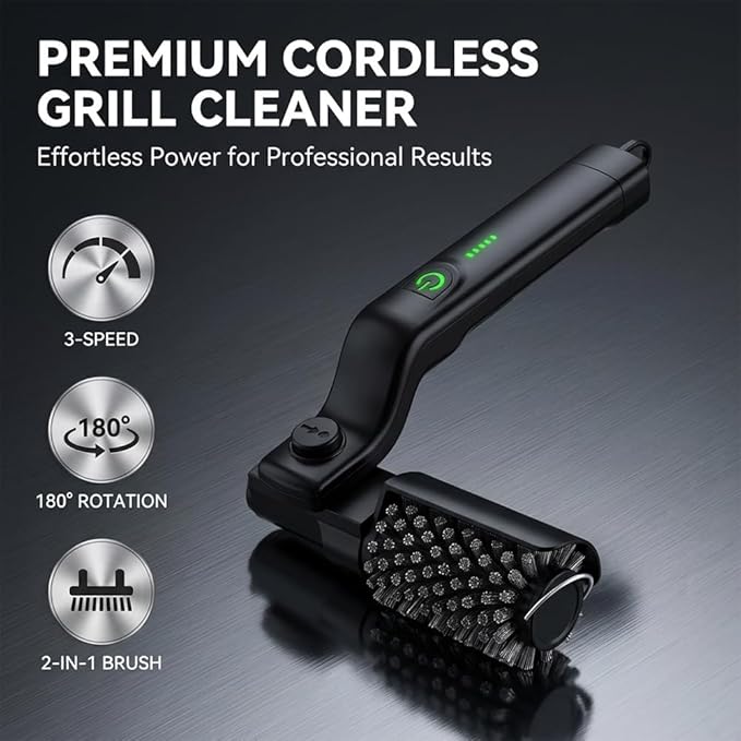 Electric Grill Brush Cleaner for Outdoor Grill, 3 Speed Adjustable Electric BBQ Grill Brush with Cordless Rechargeable Battery, Rotary Cleaning Head BBQ Grill Cleaner Tool