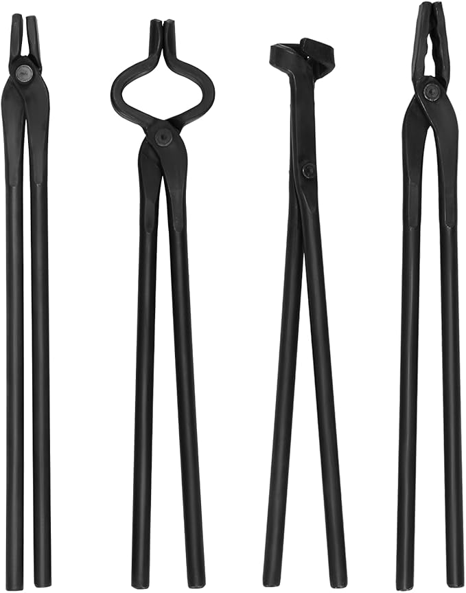 Blacksmith Tongs Set 4PC: Wolf Jaw Tongs, V-Bit Bolt, Flat, Blade; Blacksmith Tools Set for Knife Making Forge Tongs, High-Strength Forged Steel for Blacksmith & Bladesmiths