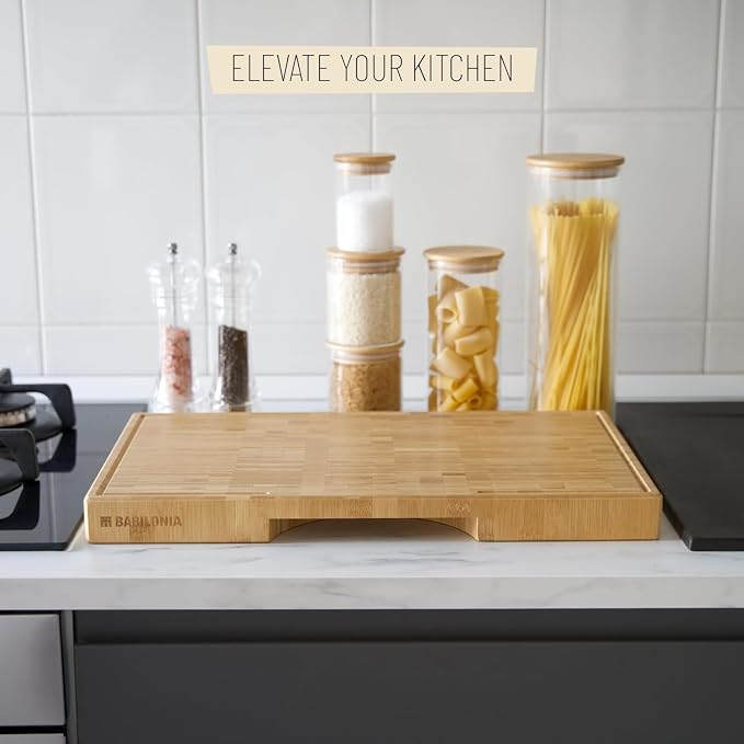 XXL Bamboo Cutting Board, End Grain Butcher Block for Kitchen, Extra Thick | 25 x 15 Inch (Extra Thick 1.7") Professional, Heavy Duty Hardwood Non Toxic Wooden Chopping Board (Oil & Plate Included)
