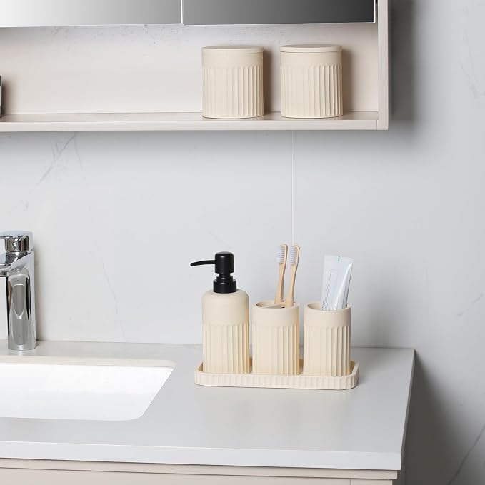 INIUNIK Bathroom Accessory Set - 6 Pieces Bathroom Accessories Set Complete with Soap Dispenser, Toothbrush Holders, Tumbler, Vanity Tray and 2 Qtip Holder for Home Organizer and Decor, Beige