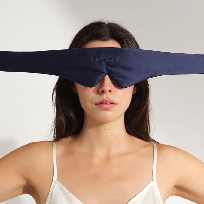 Drowsy Featherweight Silk Sleep Mask – Luxury Blackout Eye Mask for Sleeping & Travel, 100% Mulberry Silk, Lightweight Comfort, Adjustable Strap, Protects Skin & Hair (Midnight Blue)