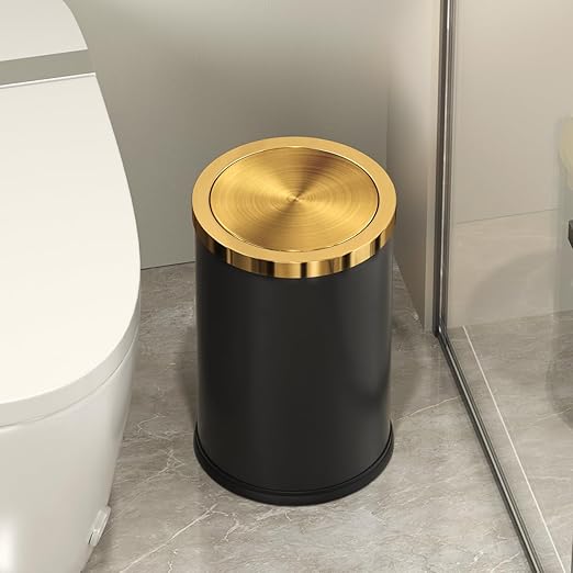 9L/2.4GAL Black and Gold Bathroom Trash Can, Small Trash Can with FILP Lid for Bathroom,Hotel,Office,Lundry,Powder Room (ＢＬＡＣＫ)