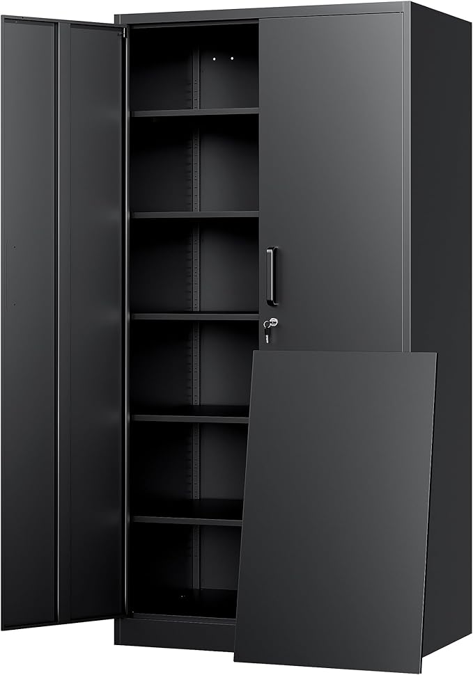 Metal Storage Cabinet with Lock - 72" Garage Storage Cabinet with 2 Locking Doors and 5 Adjustable Shelves, Black Steel Lockable for Office,Home,Garage