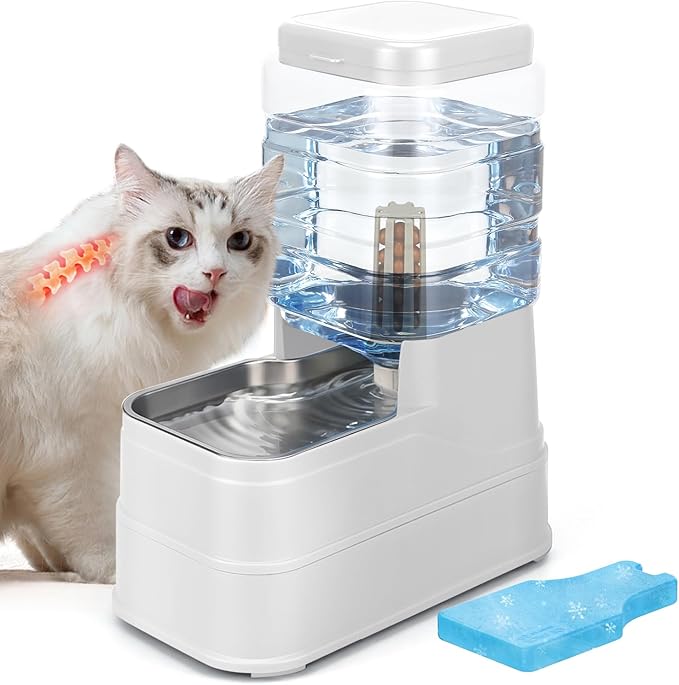 1.6 Gallon Pet Automatic Dog Water Dispenser Cat Gravity Waterer Feeder with Stainless Steel Bowl 8L Large Capacity Puppy Feeding Raised Bowls with Filter,Ice Pack (White, 6L(1.6 Gallon))