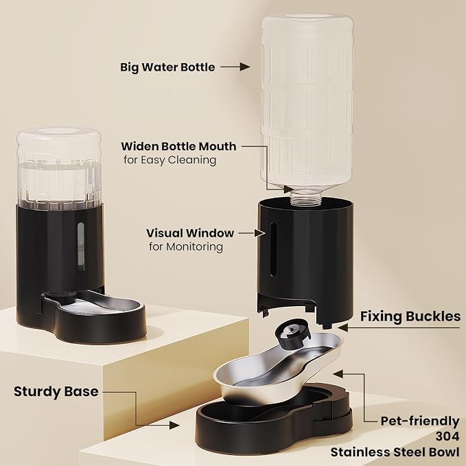 CZPET Dog Water Bowl Dispenser 8L, Wider Mouth Gravity Refilling (Black) | With Stainless Steel Bowl Gravity Waterer, Large Capacity and Drinking Area Noise-Free for Pets