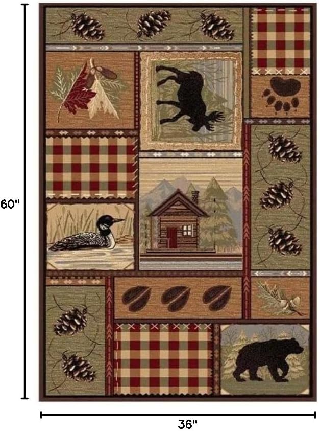 Western Multicolor Wildlife Print Area Rugs for Entrance Kitchen Low Profile Retro Cabin Bear Floor Carpets Couch Sofa Decor 3'x5'