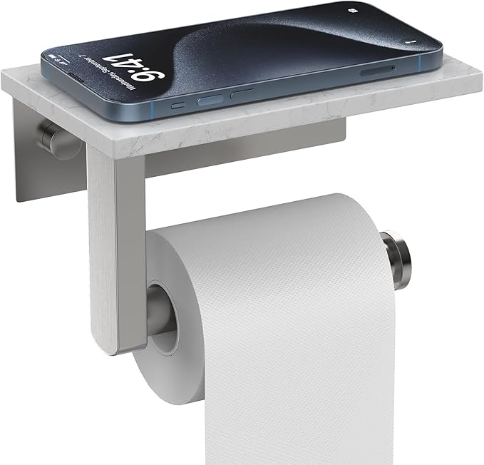 Marble Toilet Paper Holder with Shelf, Evolvegoods Brushed Nickel Bathroom Toilet Paper Holder Wall Mount, 304 Stainless Steel Modern Toilet Paper Roll Holder Storage Tissue Holder