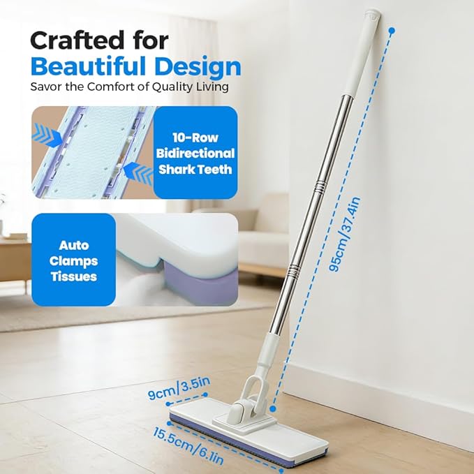 Disposable Dust Mop with 10 Reusable Cloths, 2026 New Convenient Cloth Changing Mini Mop 38" Long Handle Wet and Dry Flat Mopping, Sweeper Stick Lightweight Snap for Corners Multi Surface (10 Clothes)