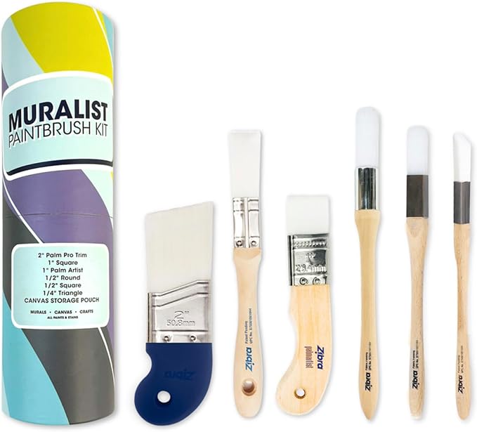 Zibra 6-Piece Muralist Paint Brush Set with Artist Brushes, 1" Brushes, Detail Brushes & Ergonomic Paint Brushes for Lettering, Murals, Canvas Painting, Touch Ups and Crisp Lines