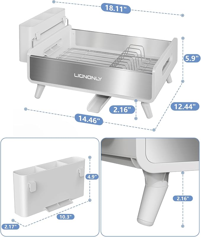 Dish Drying Rack, Thicker Premium Aluminum Frame and 304 Stainless Steel Plate Rack for Kitchen Counter, Automatic Drainage Spout, Dish Drainer & Drainboard Set with Utensil Holder, White