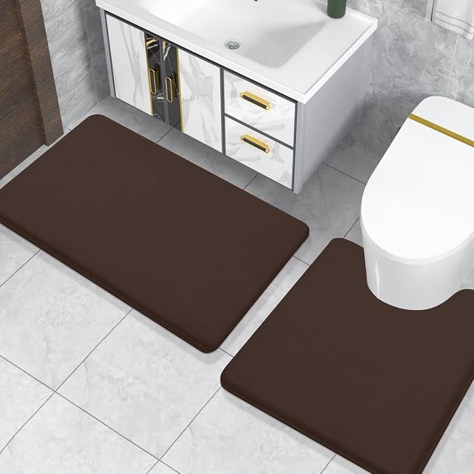 Smiry Memory Foam Toilet Rugs U-Shaped 20x20, Extra Soft Absorbent Non-Slip Contour Bathroom Rugs, Machine Washable Bath Mats for Toilet, Brown