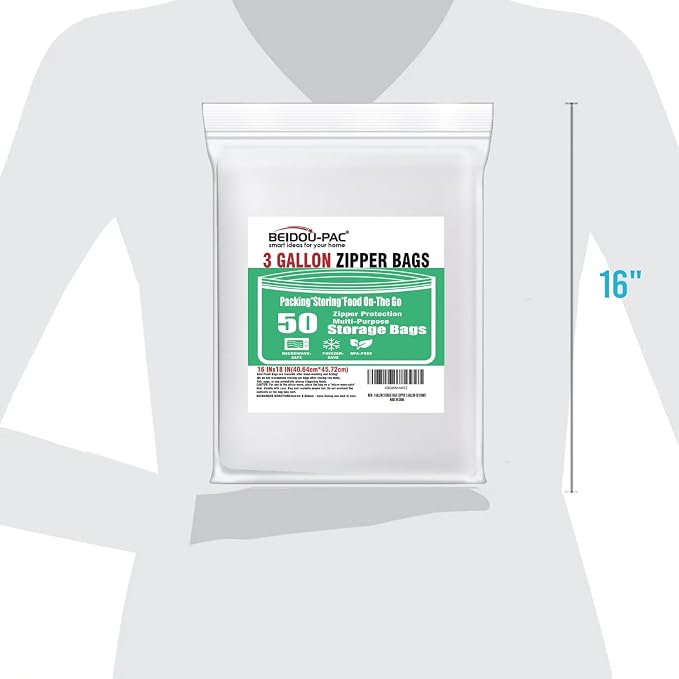 BEIDOU-PAC 3 Gallon Large Plastic Bags with Zipper Top, | 50 Count | 2 Mil | 16" x 18" | Heavy-Duty Reusable Clear Freezer Storage Bags