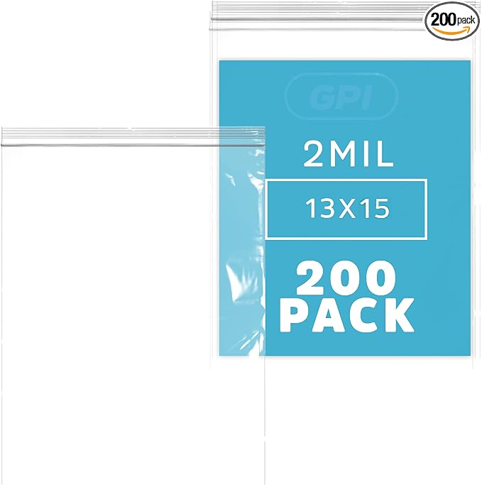 GPI - 2 Gallon Zip Bags, 13" x 15" Large Reclosable Lock Zip Bags, Clear Plastic Zipper Storage Bags with Zip Top Lock for Freezer, Clothing, Food, Documents & Supplies - 200 Count