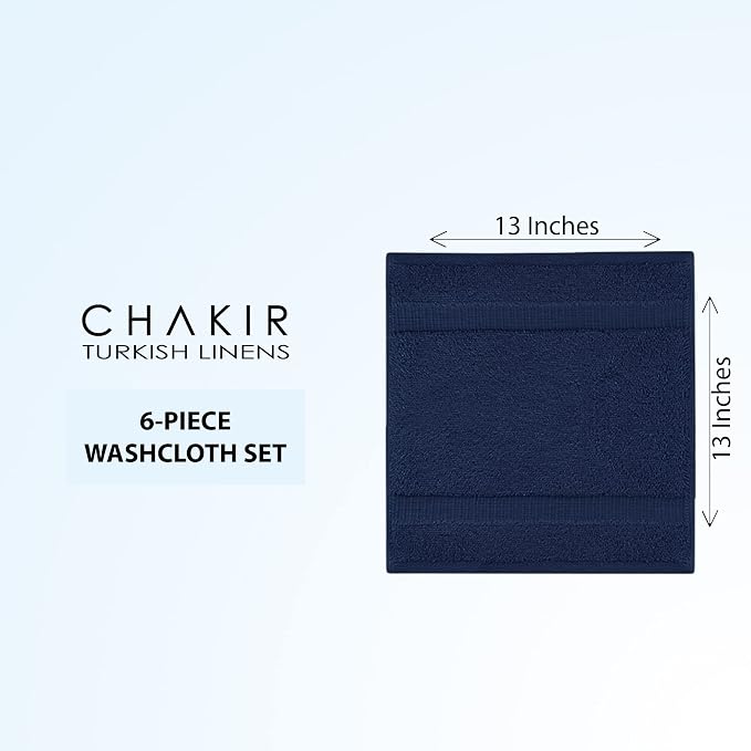 Chakir Turkish Linens 6 Piece Washcloth Set, 100% Cotton Turkish Washcloths for Bathroom, Luxury Soft Absorbent Face Towels, 13 x 13 Inches, Navy
