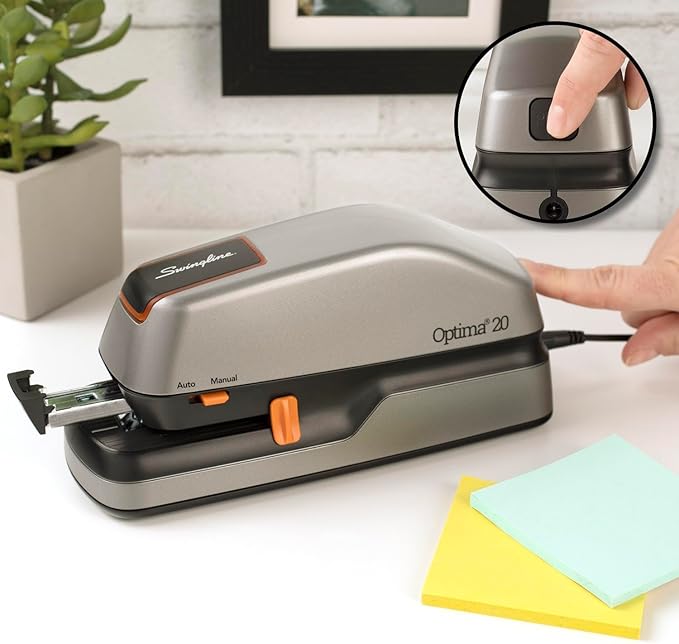Swingline Electric Stapler, 20 Sheet Capacity, Optima 20, Jam Free, Auto or Manual, Plug In or Battery, Silver (48208)