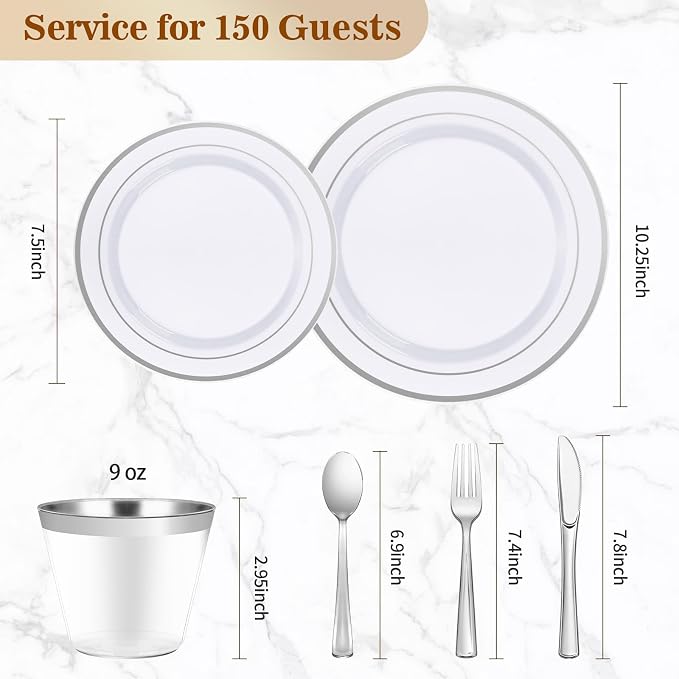 BESTVIP 900PCS Silver Dinnerware Set for 150 Guests, Plastic Plates for Party, 150 Silver Disposable Plates, 150 Dessert Plates, 150 Cups, 150 Spoons, 150 Forks and 150 Knives