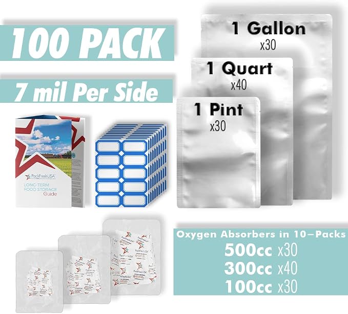 100-Pack 7 Mil Mylar Bags & Oxygen Absorbers - Pint, Quart, Gallon – Durable Food Storage for Long-Term Prep, Heat Sealable & Moisture-Resistant