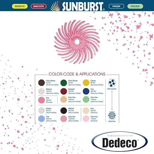 Dedeco Sunburst Radial Bristle Discs 48-Pack - 3/4" Curved - Pink 600 Grit (Fine, Pumice) - Aluminum Oxide for Polishing & Finishing