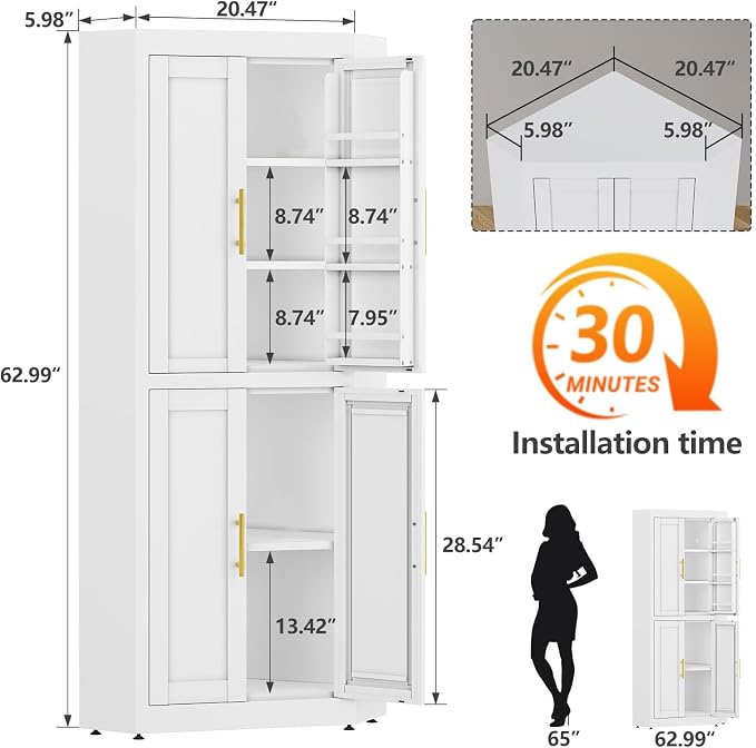 GAIOUS 63" Metal Corner Kitchen Pantry Cabinet, Kitchen Food Cabinets White | Tall Steel Storage Cabinet with 4 Doors and 3 Shelves, Farmhouse Cupboard with 6 Door Panel Shelves, for Dining Hallways