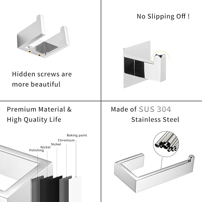 Fapully 23.6-Inch 6 Piece Bathroom Hardware Accessories Set Stainless Steel Wall Mounted Chrome Include Towel Bar,Hand Towel Holder,Toilet Paper Holder,Robe Towel Hook,Coat Hook,Towel bar Set.