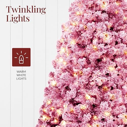 Best Choice Products Artificial Flocked Christmas Tree, 6ft Premium Pre-Lit Colorful Pine Holiday Décor w/250 Twinkle Lights, Metal Base - Pink