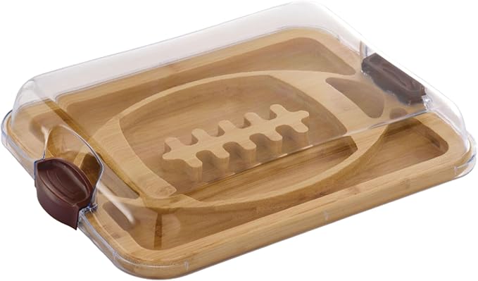 Farberware Build-A-Board Football Bamboo Charcuterie Board with Clear Locking Lid, Reversible Cutting & Serving Board, Recessed Handles, Portable Game Day Snack Tray, 11 x 14 Inch, Make It, Take It