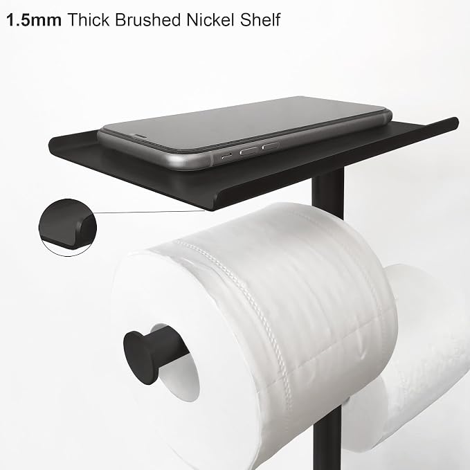 GZILA Toilet Paper Holder Stand with Shelf, Marble Base Free Standing Toilet Paper Double Roll Holder Dispenser, SUS 304 Stainless Steel Storages 5 Reserve Rolls Matte Black