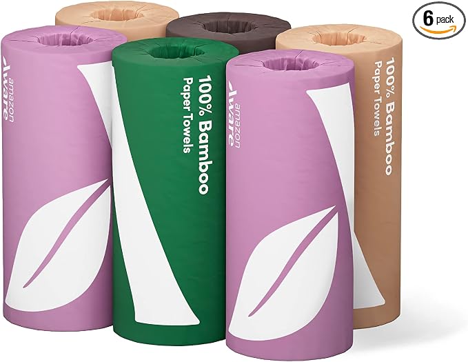Amazon Aware Bamboo Paper Towels, 6 Rolls, 2 ply, FSC Certified, 150 Sheets, 900 Count, Plastic-Free, Multicolor