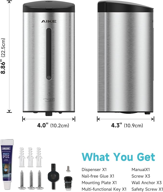 AIKE Automatic Foam Soap Dispenser 25oz for Bathroom,Brushed Steel AK1205FA | Rich Foam and Stainless Steel,No-drill and Screw Wall Mount,5-Level Adjustable and Key for Commercial(Batteries Not Included)