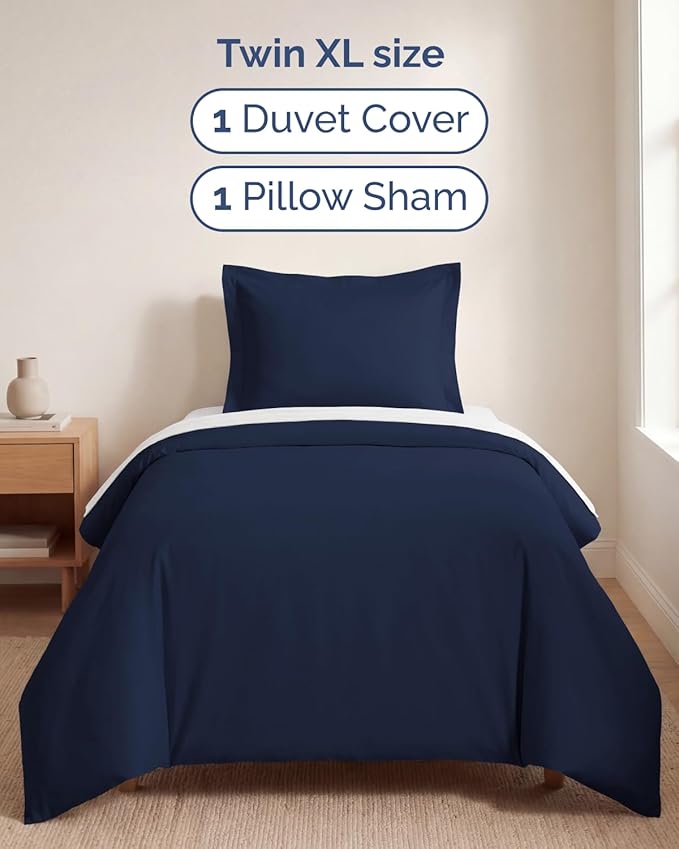 Duvet Cover Twin/Twin XL Size Set - Extra Soft Twin/Twin XL Duvet Cover 68" x 90" with 1 Pillow Sham for Women, Men, Kids & Teens - Comfy, Easy-Care & Fade Free w/ Zipper Closures & Ties (Navy Blue)